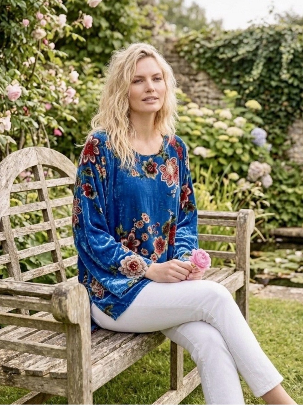 Johnny Was Karmen velvet velour floral tunic top in blue - L